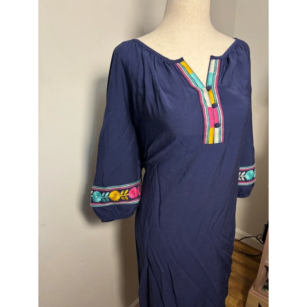 The Pioneer Woman Embroidered Boho Peasant Dress XL Navy Floral Folk Cottagecore